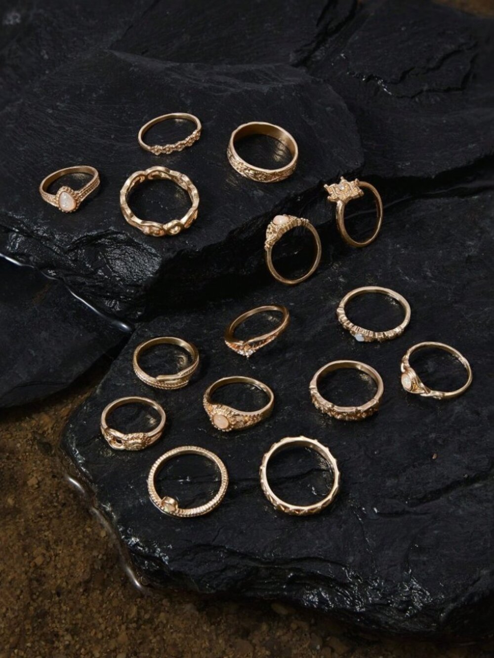Gold 15-Piece Stackable Mix and Match Ring Set with Stone Accents